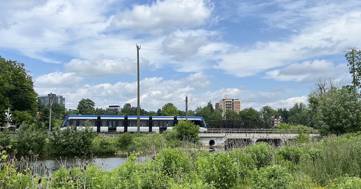 ION light rail crossing bridge in Waterloo Park